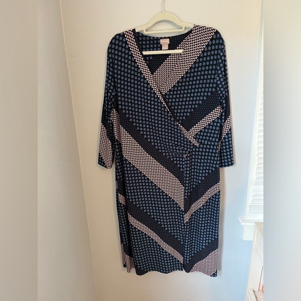 Chico's, multicolor surplice wraps Geometric Midi Dress casual v-neck 3/4 sleeve